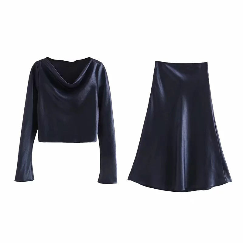 Draped Neck Long Sleeve Top and Skirt Set