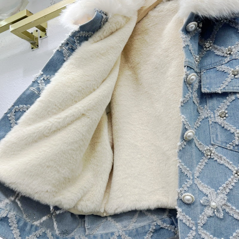 Embellished Denim Jacket with Faux Fur
