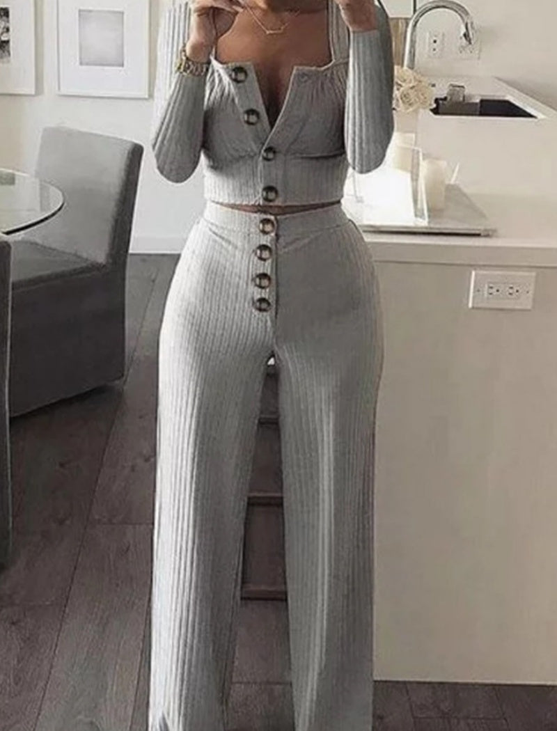 Button-Front Ribbed Two-Piece Set