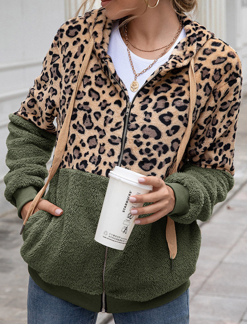 Leopard Print Sherpa Zip-Up Hoodie