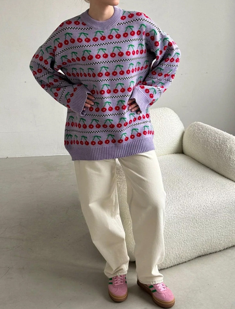 Cherry Pattern Oversized Knit Sweater
