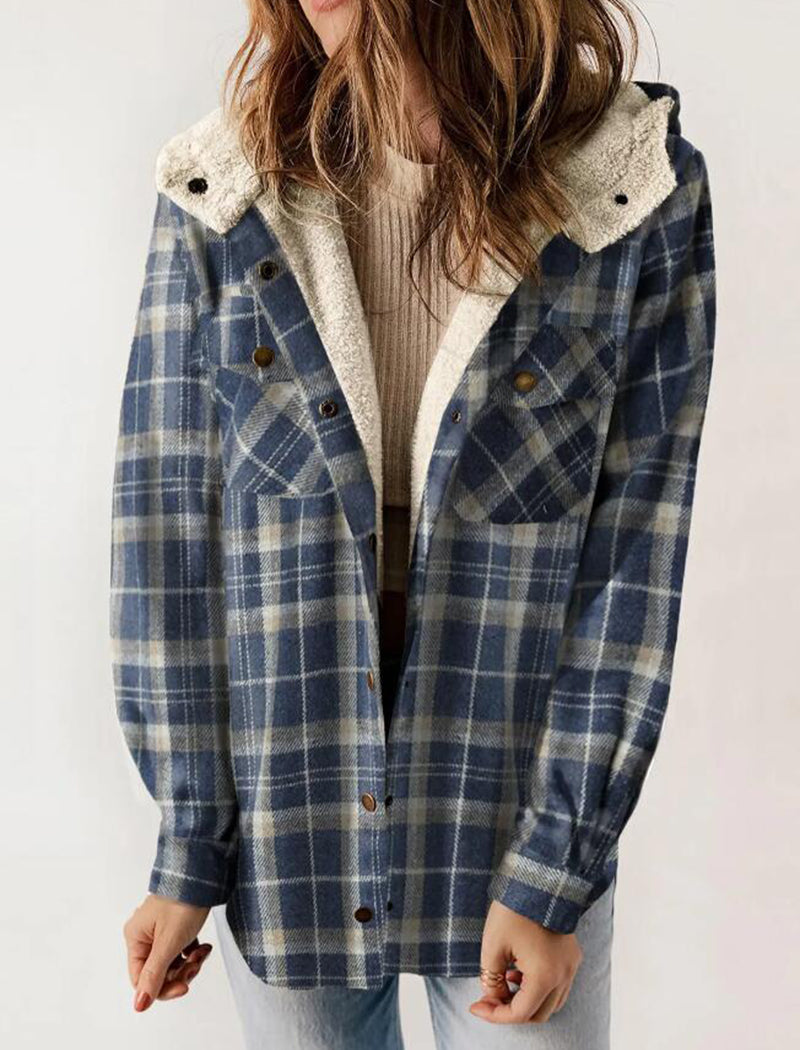 Plaid Long Sleeve Fuzzy Hooded Jacket