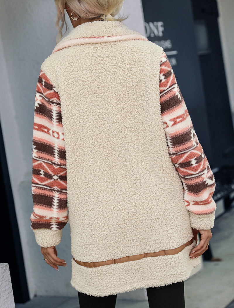 Colorblock Printed Long Coat with Lapels