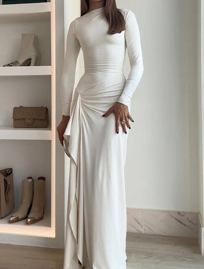 Long-Sleeve Fitted Maxi Dress with Ruched Detail