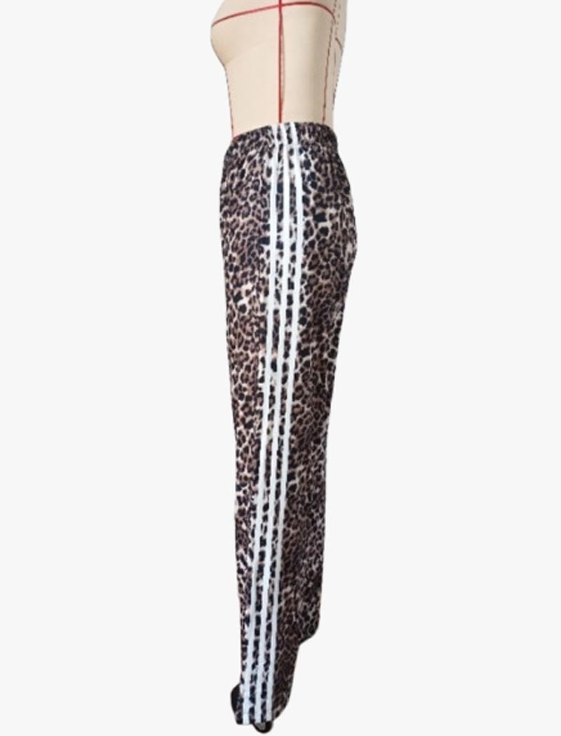 Wide-Leg Leopard Print Pants with Stripes