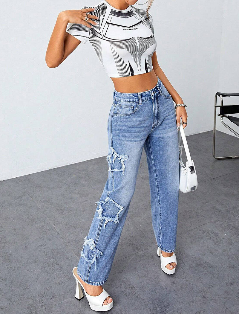 Distressed Wide-Leg Jeans with Star Details