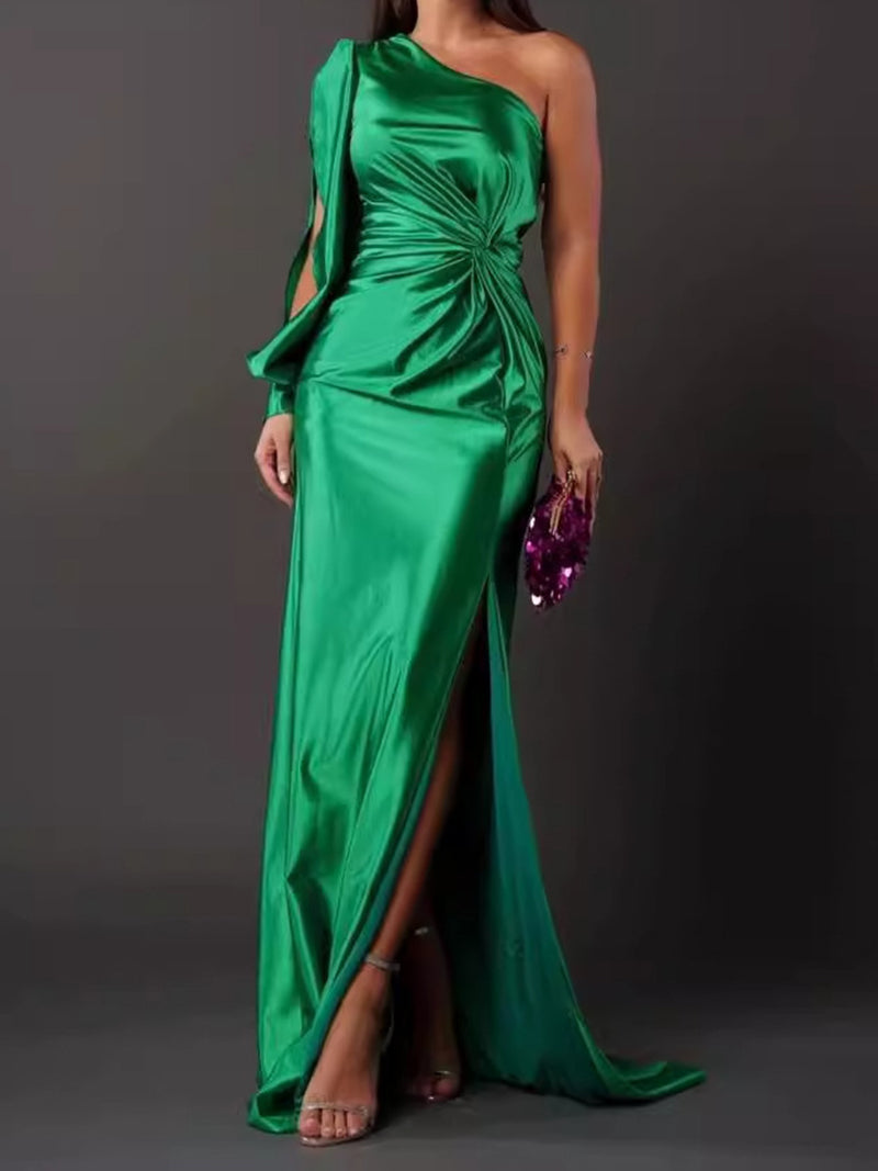 One-Shoulder Draped Split-Hem Maxi Dress