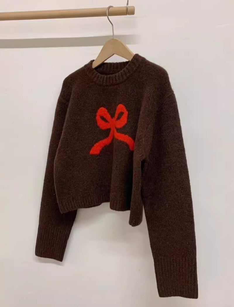 Bow Pattern Crewneck Knit Sweater