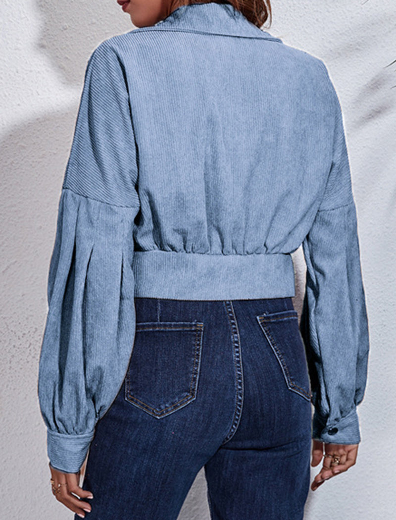 Corduroy Lantern Sleeve Cropped Jacket