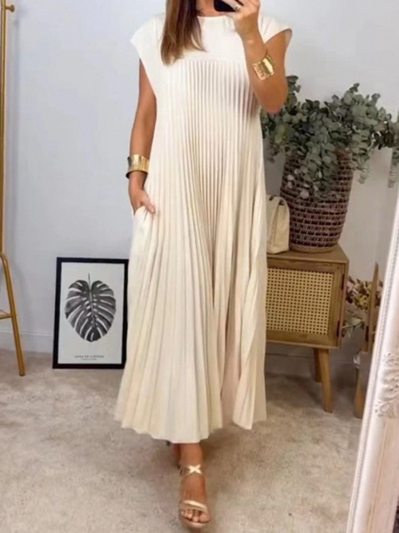 Pleated Cap-Sleeve Maxi Dress