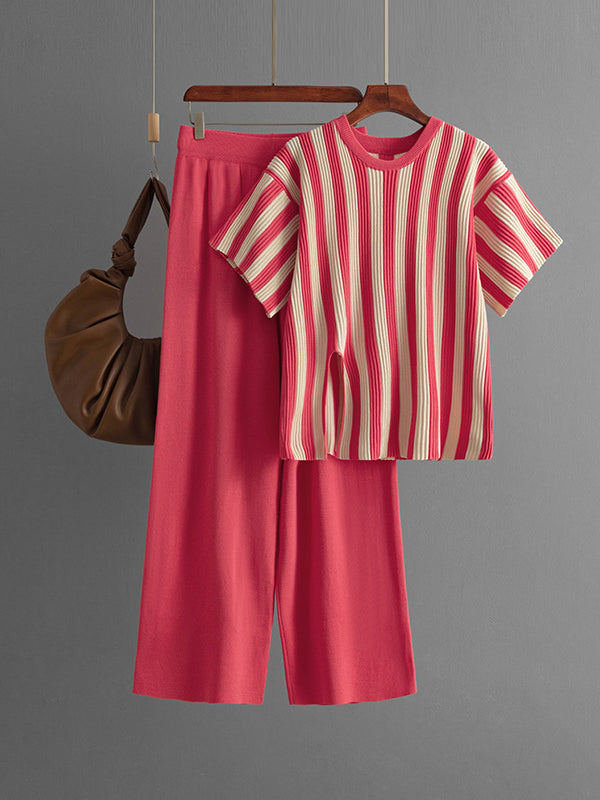 Striped Short-Sleeve Top & Wide-Leg Pants Set