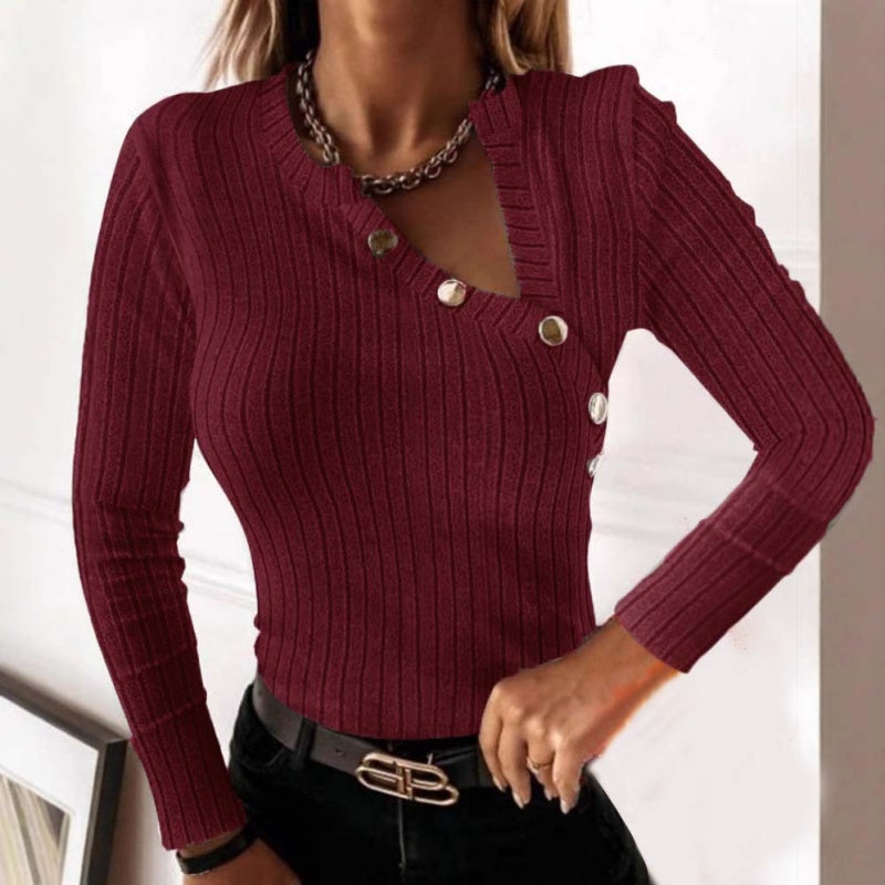 Button Detail Ribbed Asymmetric Top