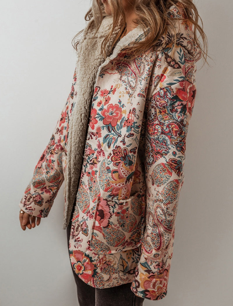 Floral Print Hooded Jacket with Fleece Lining