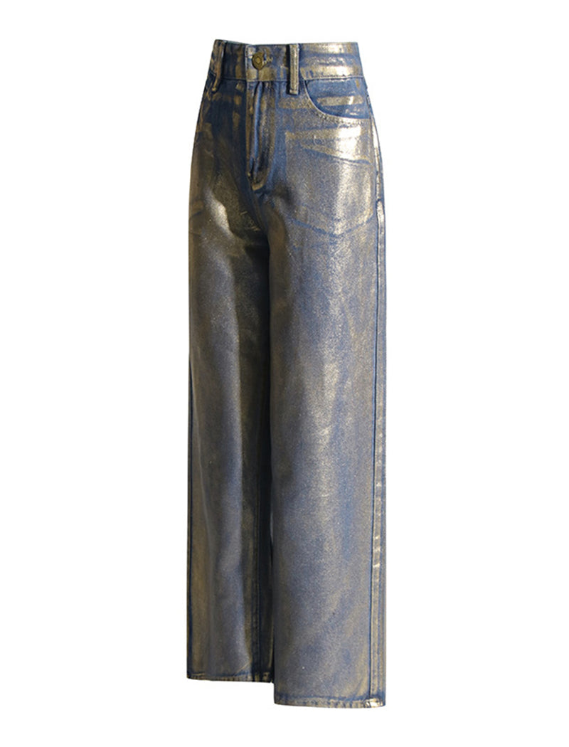 Metallic Wide-Leg High-Waist Pants