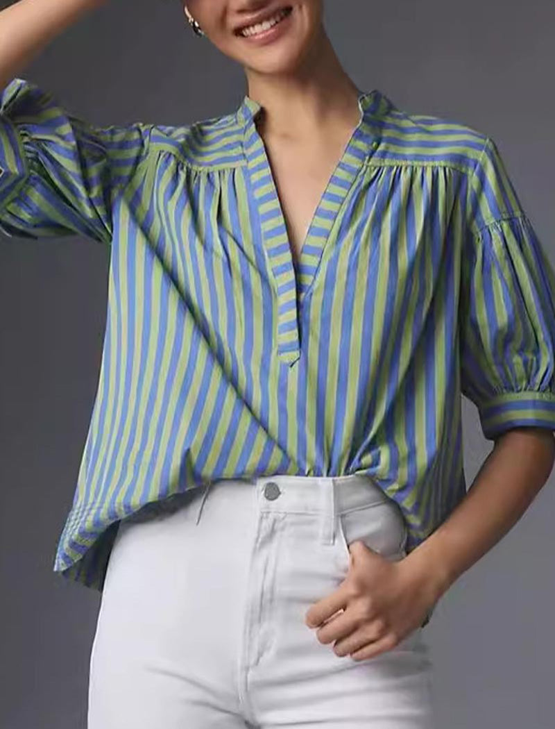 Striped V-Neck Puff Sleeve Blouse