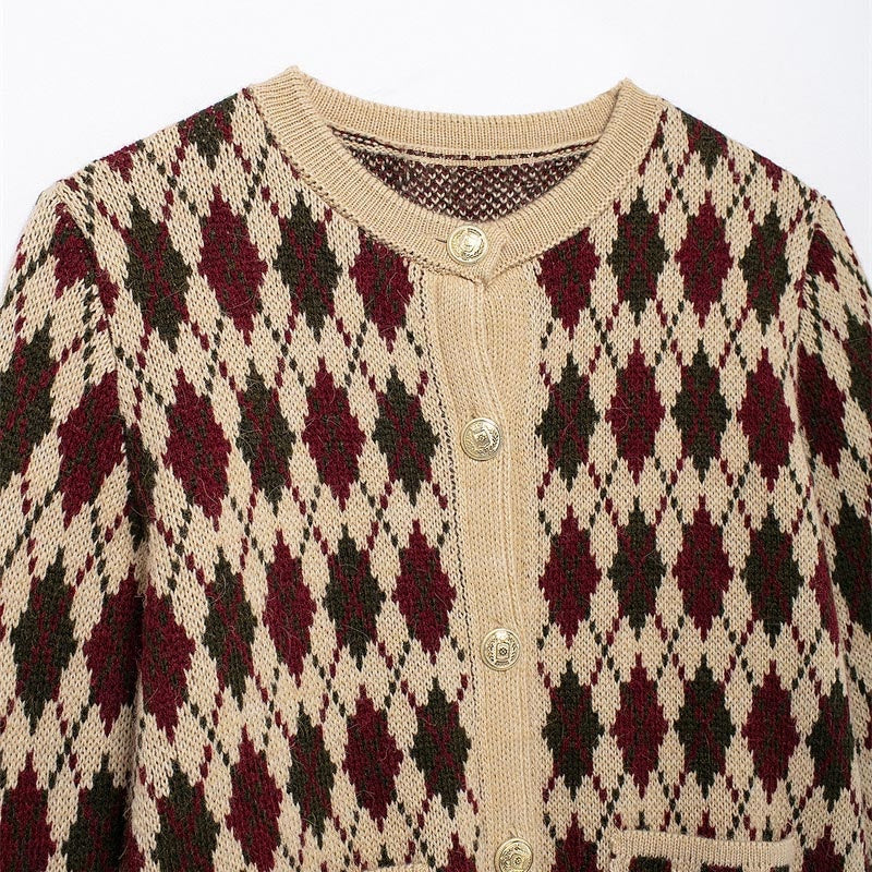 Button-Up Knit Cardigan with Diamond Pattern