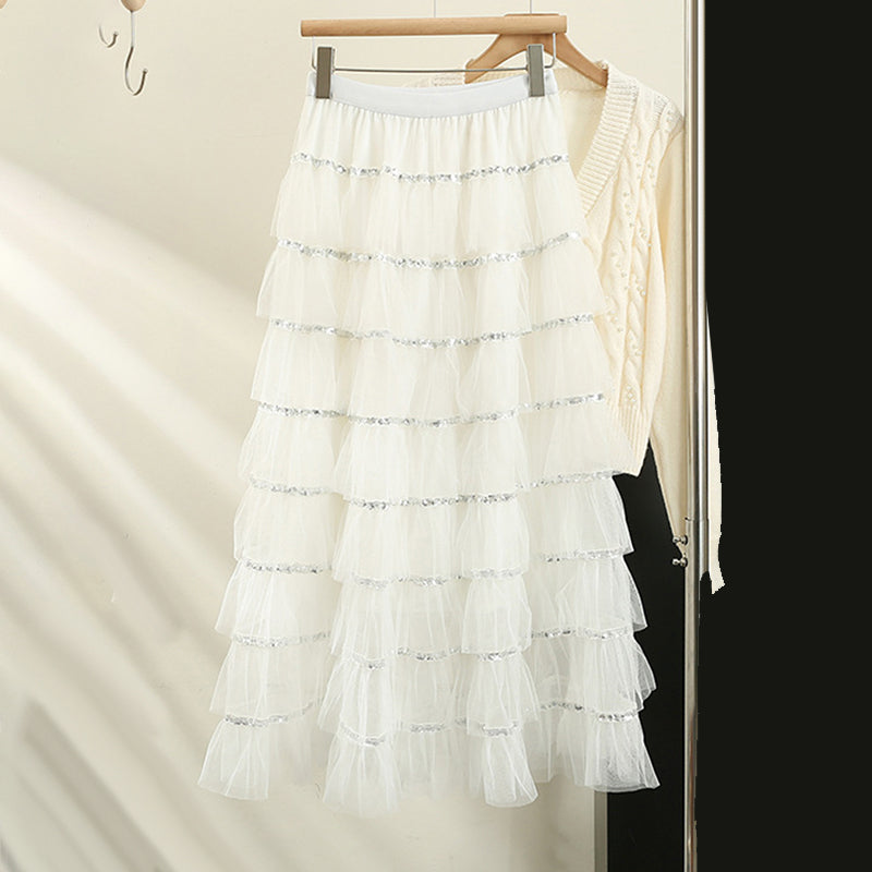 Layered Ruffle Tulle Midi Skirt