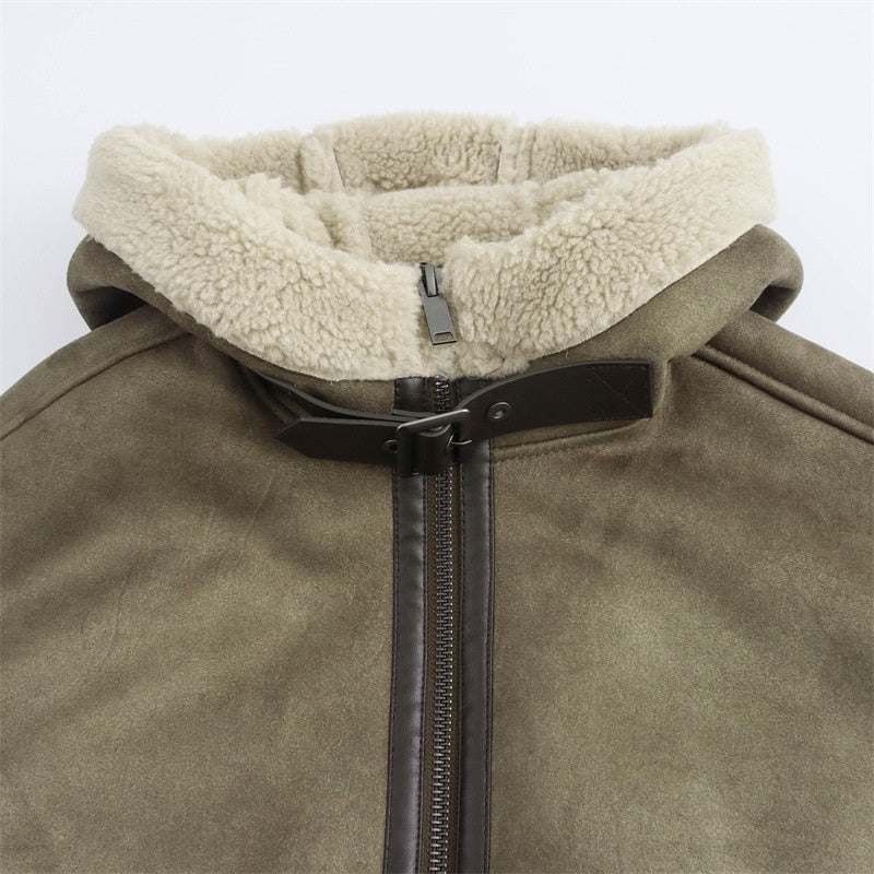Shearling Hooded Zip-Up Jacket