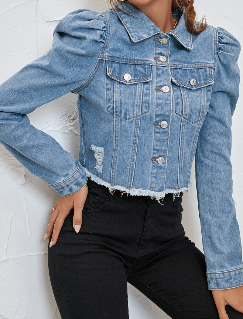Puff Shoulder Cropped Denim Jacket