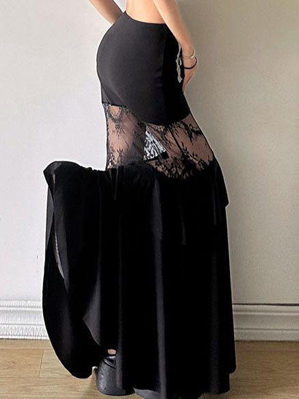 Flare Ruffle Lace Maxi Skirt