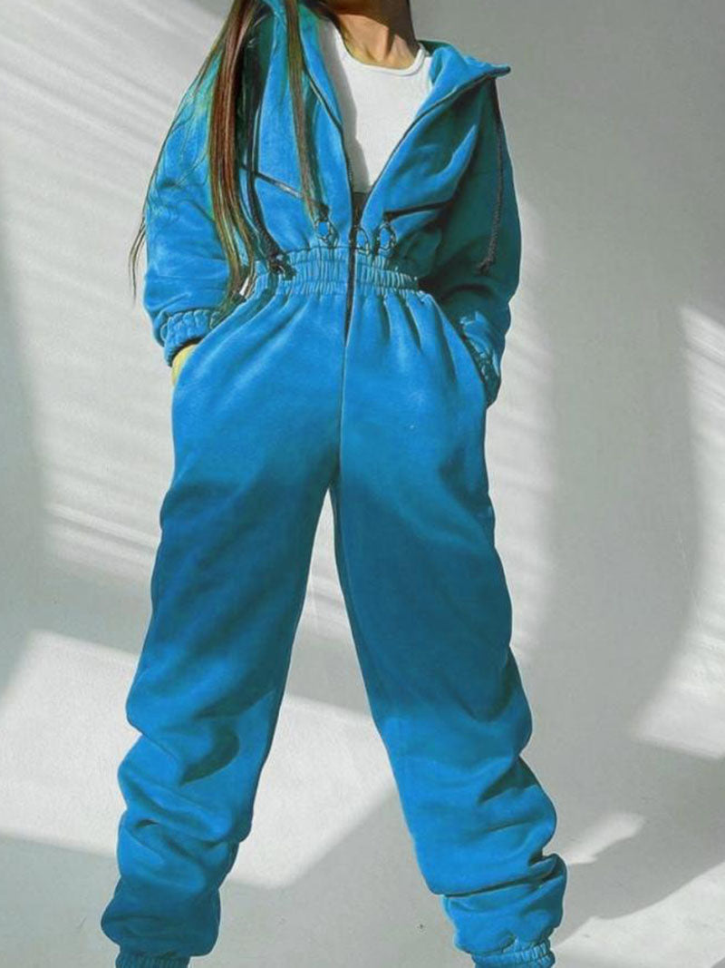 Drawstring Hooded Zip-Up Jumpsuit