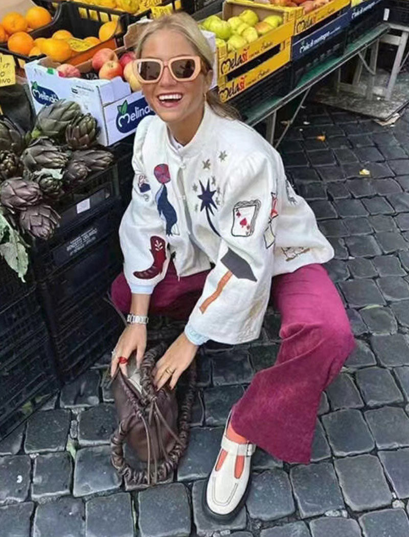 Graphic Patch Embellished Button Jacket