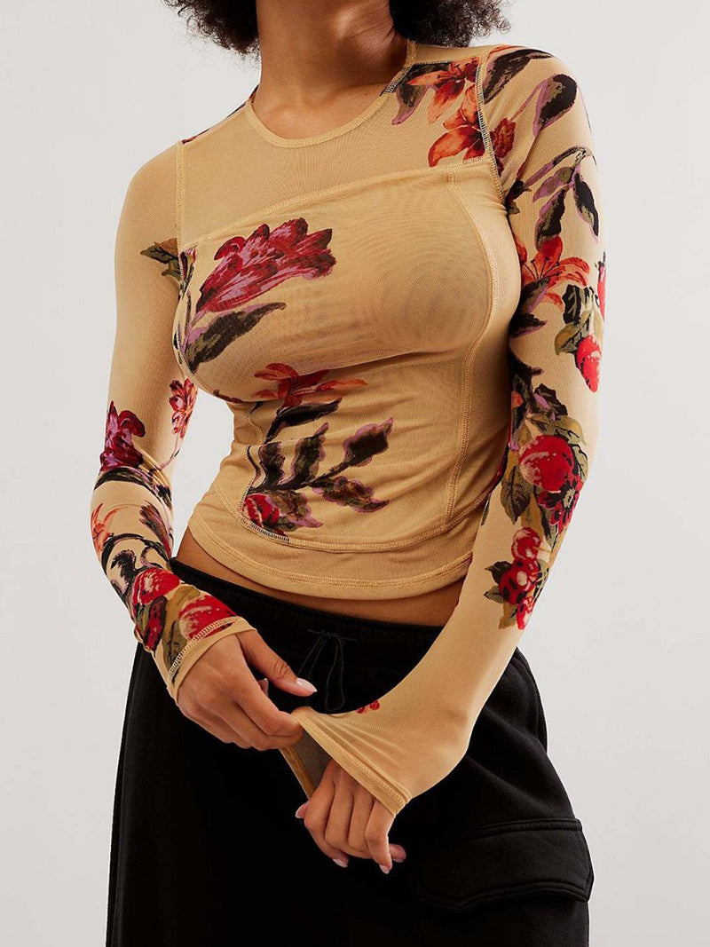 Floral Print Long-Sleeve Crop Top