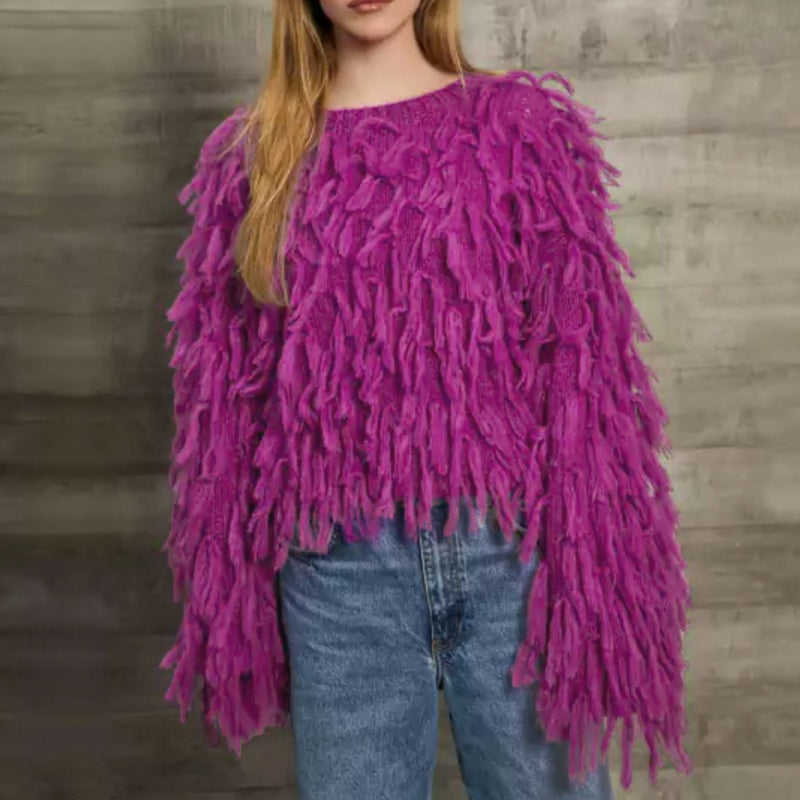 Textured Fringe Knit Sweater with Relaxed Fit