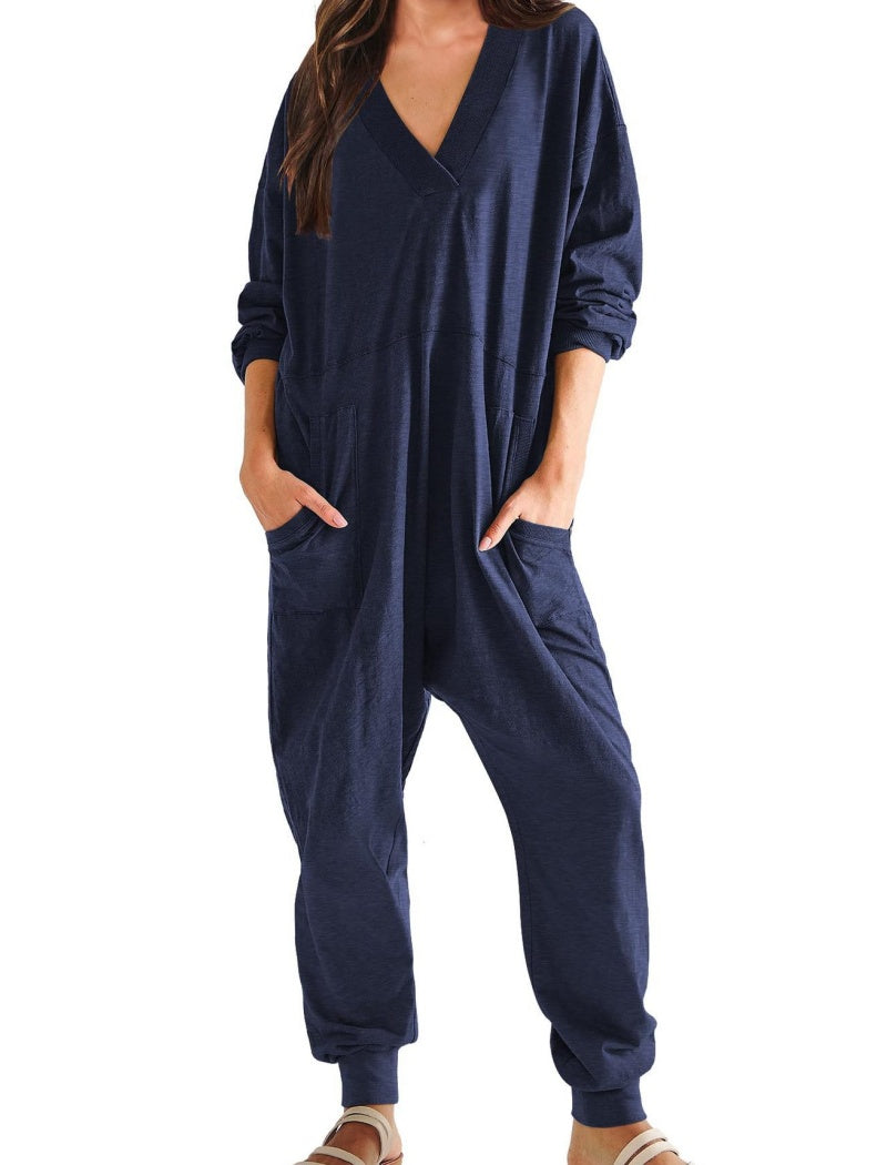 V-Neck Pockets Jumpsuit