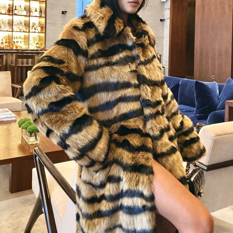 Tiger Stripe Faux Fur Long Coat