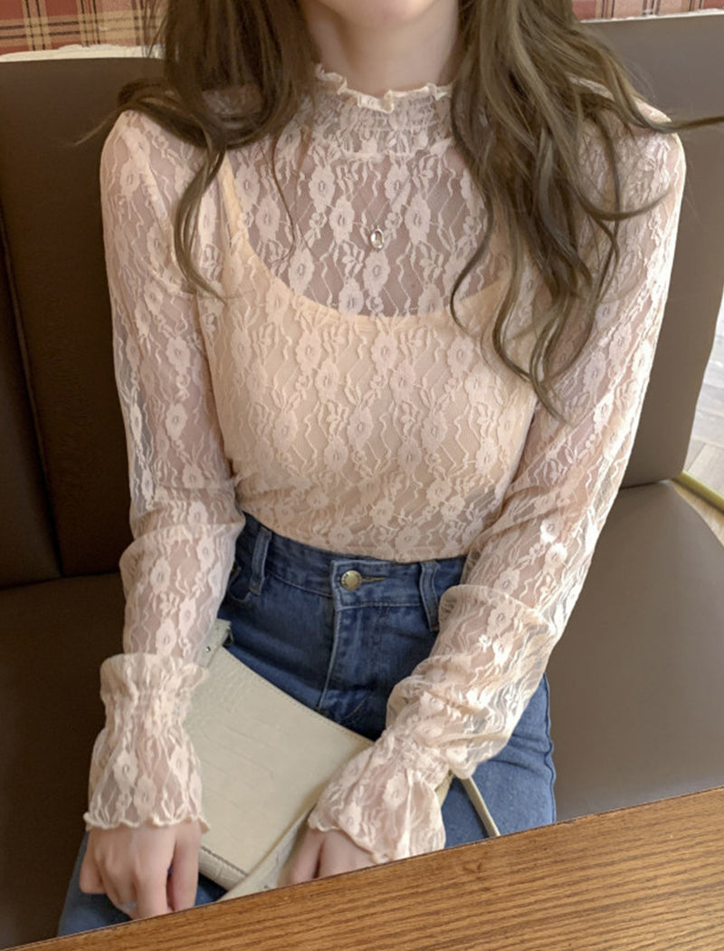 Mock-Neck Sheer Lace Top