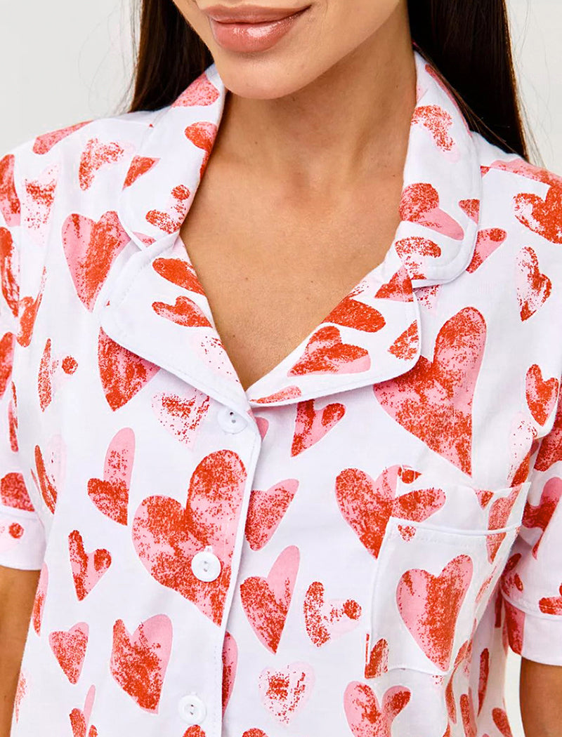 Button-Up Heart Print Short Pajama Set