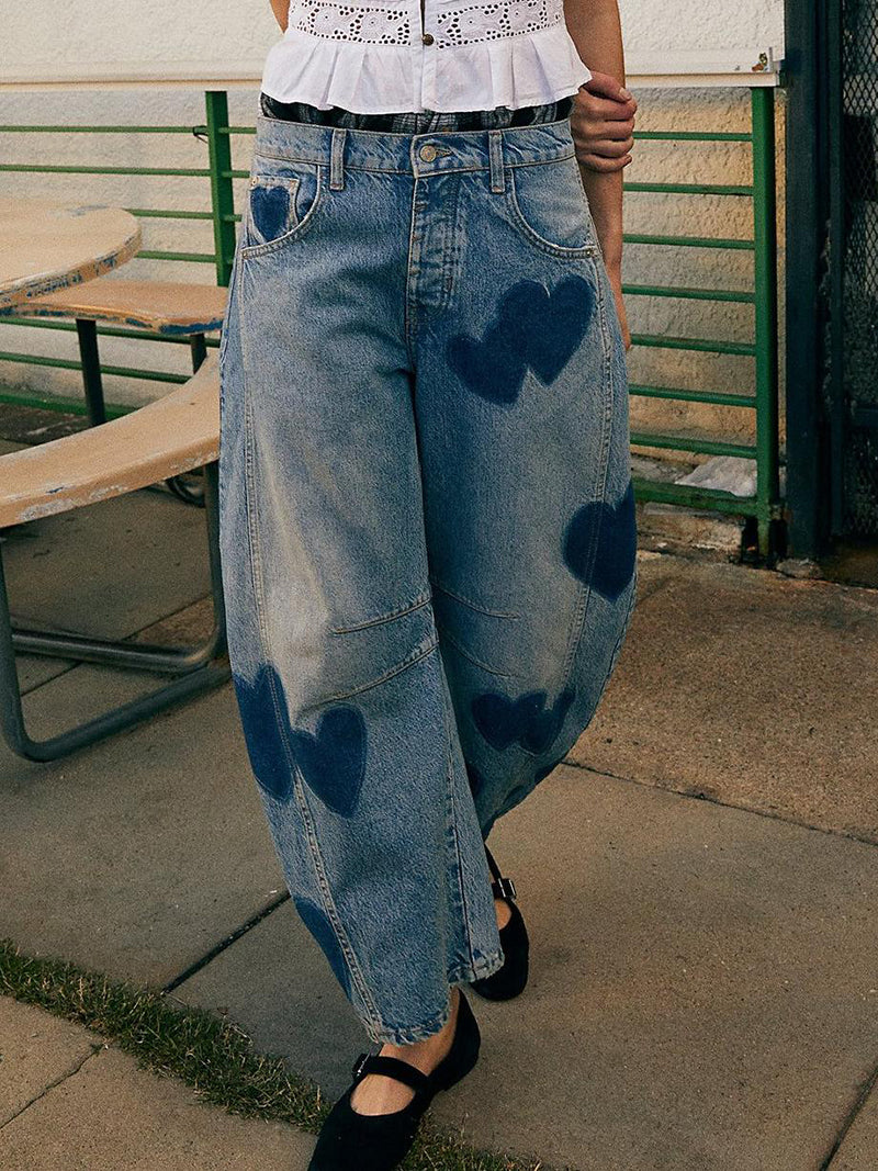 Heart Print Wide-Leg Jeans