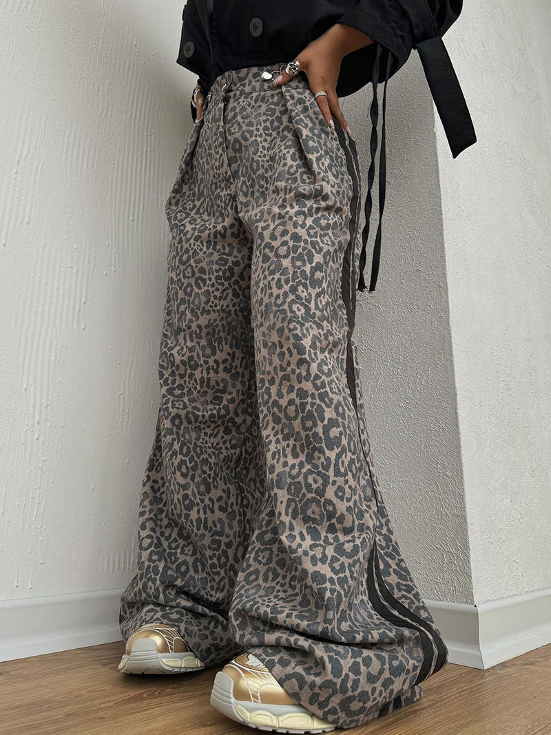 Leopard Print Striepd Wide-Leg Pants