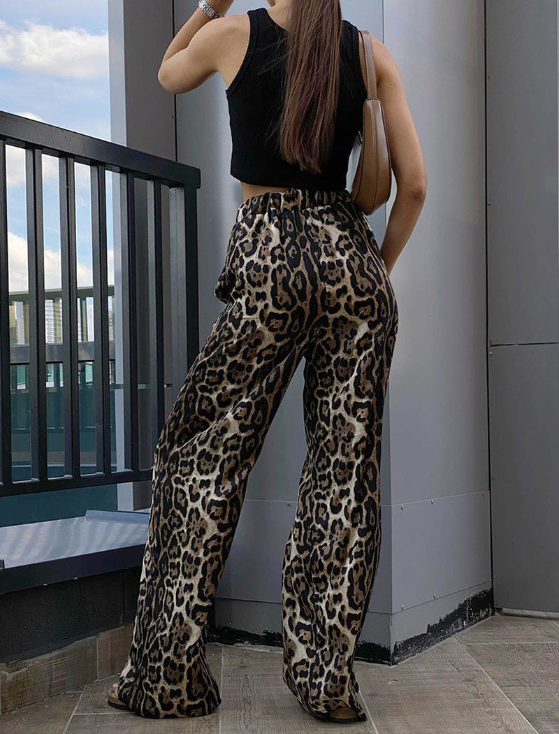 Wide-Leg Satin Animal Print Pants