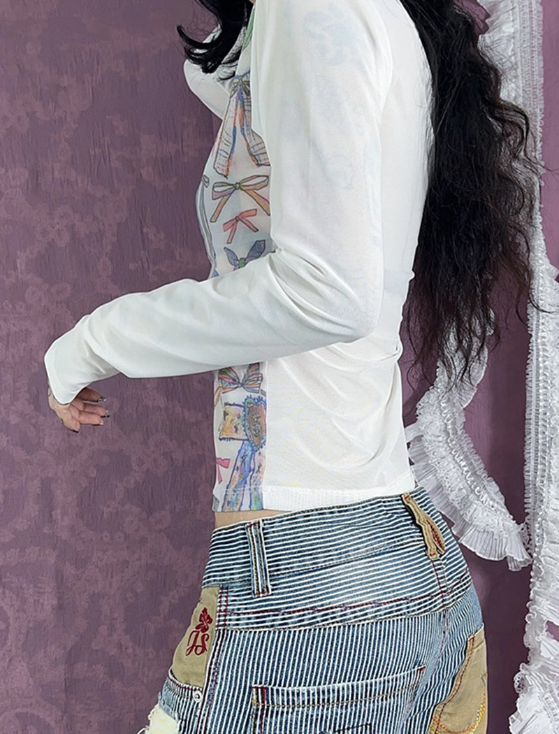 Bowknot Printed Slim Long Sleeve Tee