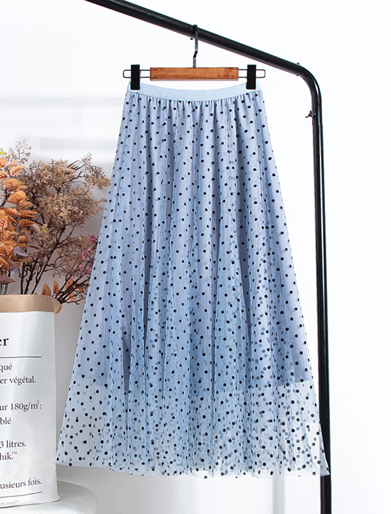 Polka Dot Mesh Layered Midi Skirt