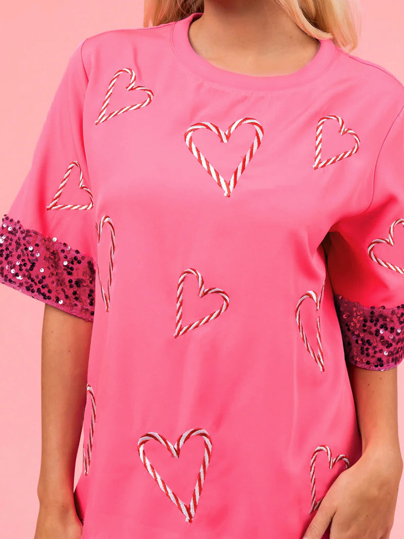 Heart Print Sequin Trim Tee