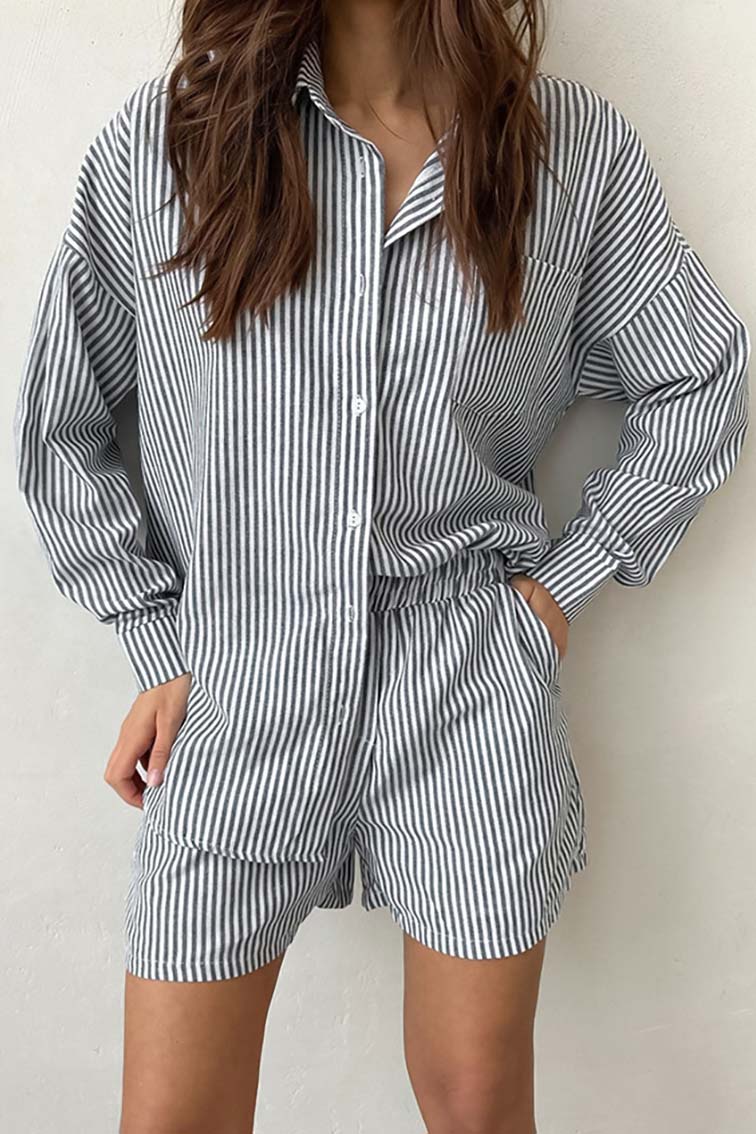 Striped Button-Up Shirt and Shorts Set