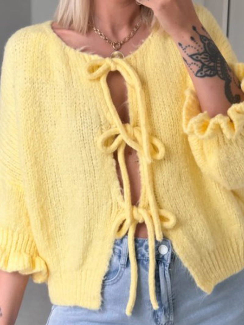 Tie-Front Ruffle Sleeve Sweater