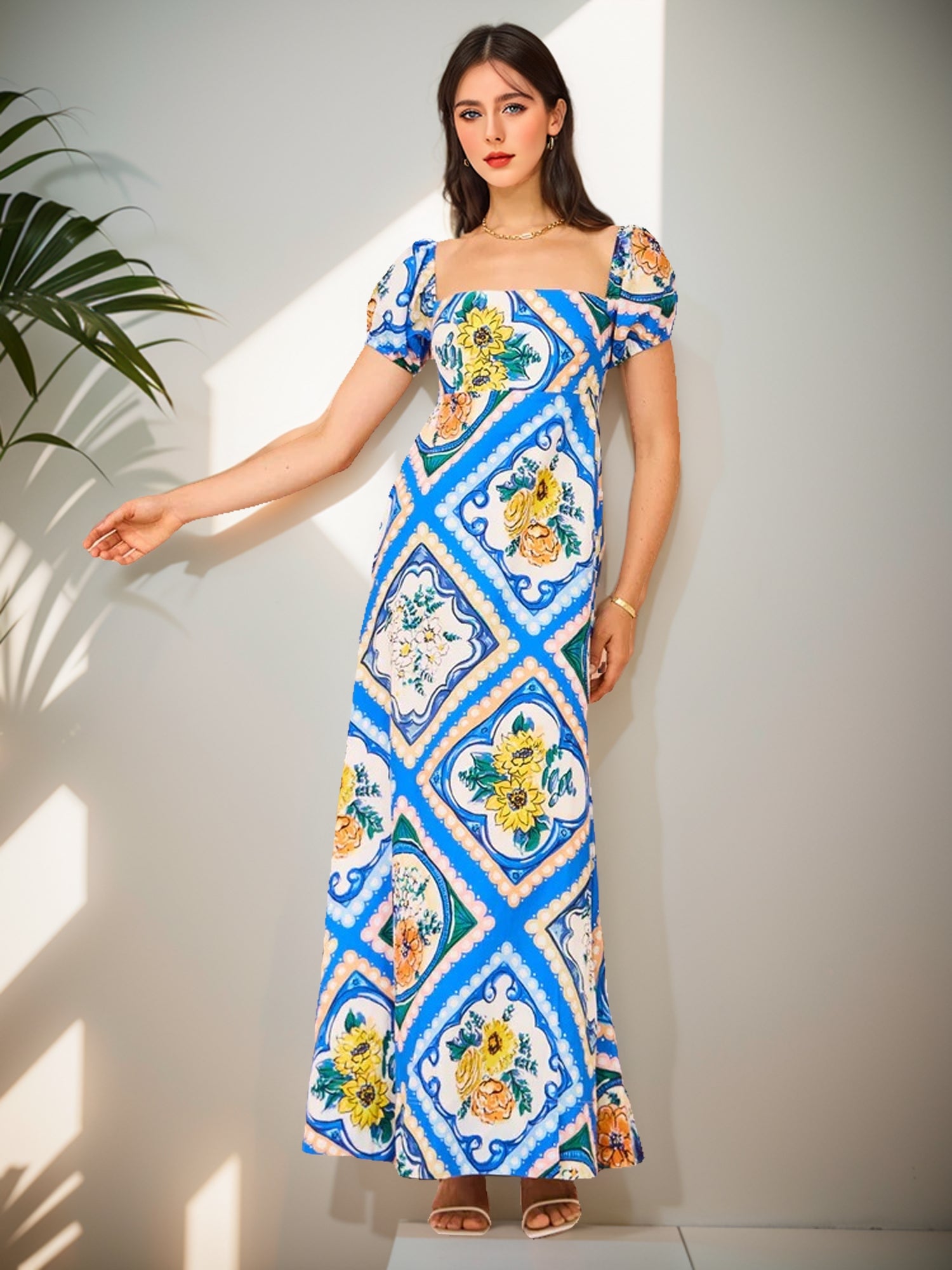 Puff-Sleeve Graphic Maxi Dress