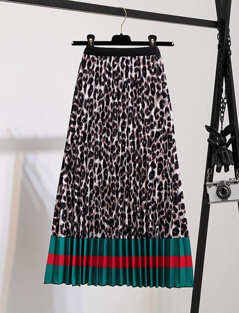 Animal Print Pleated Midi Skirt