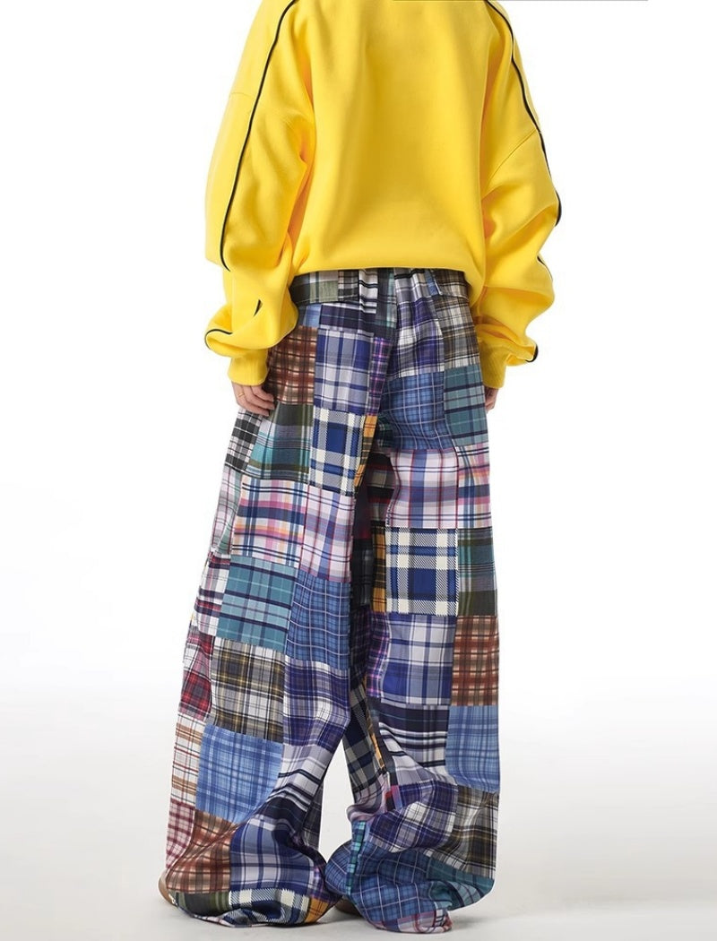 Patchwork Plaid Drawstring Pants