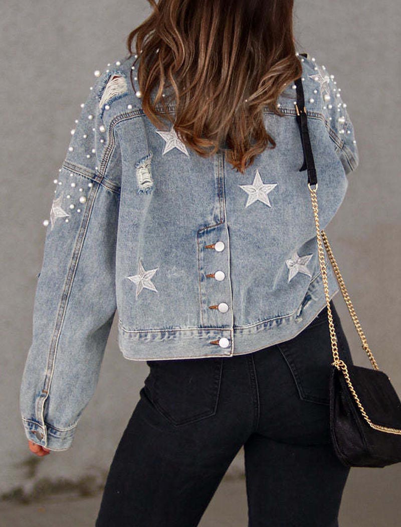 Faux Pearl Studded Denim Crop Jacket
