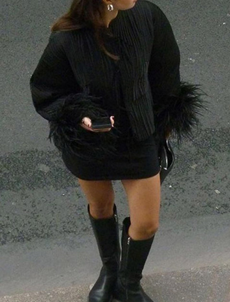 Black Tie-up Feather Jacket