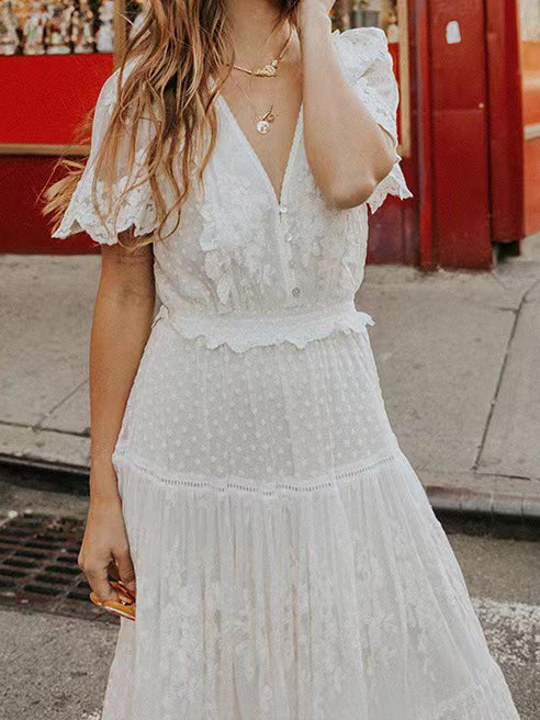 V-Neck Short Sleeve Lace Dress