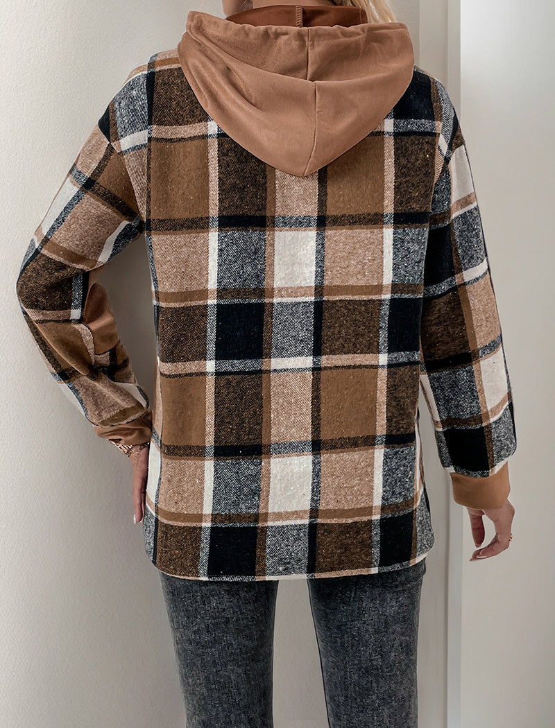 Plaid Patchwork Hooded Top with Drawstring