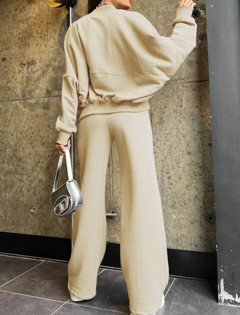 Zip-Up Cropped Jacket and Wide-Leg Pants Set