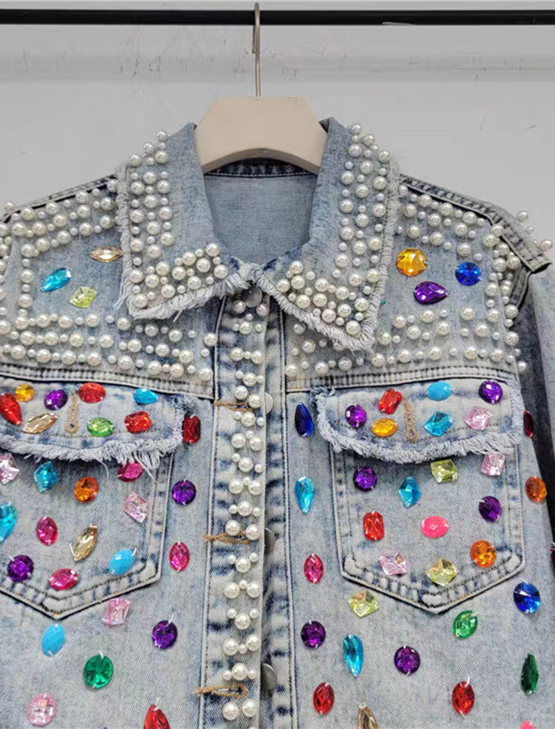Cropped Denim Jacket with Embellished Accents