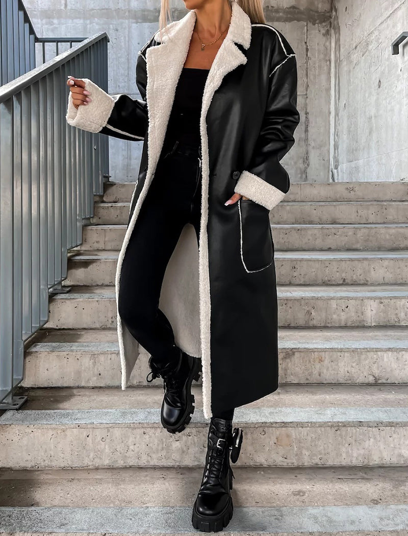 Belted Faux Leather Long Coat